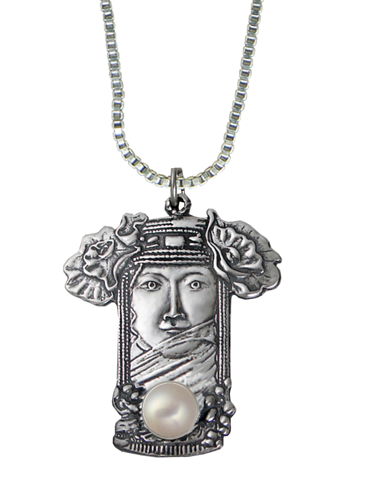 Sterling Silver Veiled Woman Maiden Pendant With Cultured Freshwater Pearl